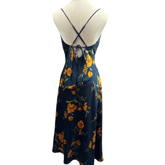 Women’s Azazie Small Navy Blue Sleeveless Maxi Dress with Orange Florals & a Sid - Picture 2 of 6